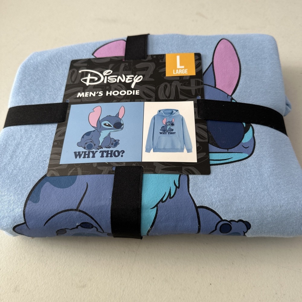 Disney Stitch Why Tho Graphic Print Men's Pullover Hoodie L Light Blue Fleece
